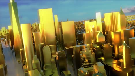Stadt-Golden-Gold-New-York-NYC-USA-Wolkenkratzer-Glänzend-Flythrough-4k
